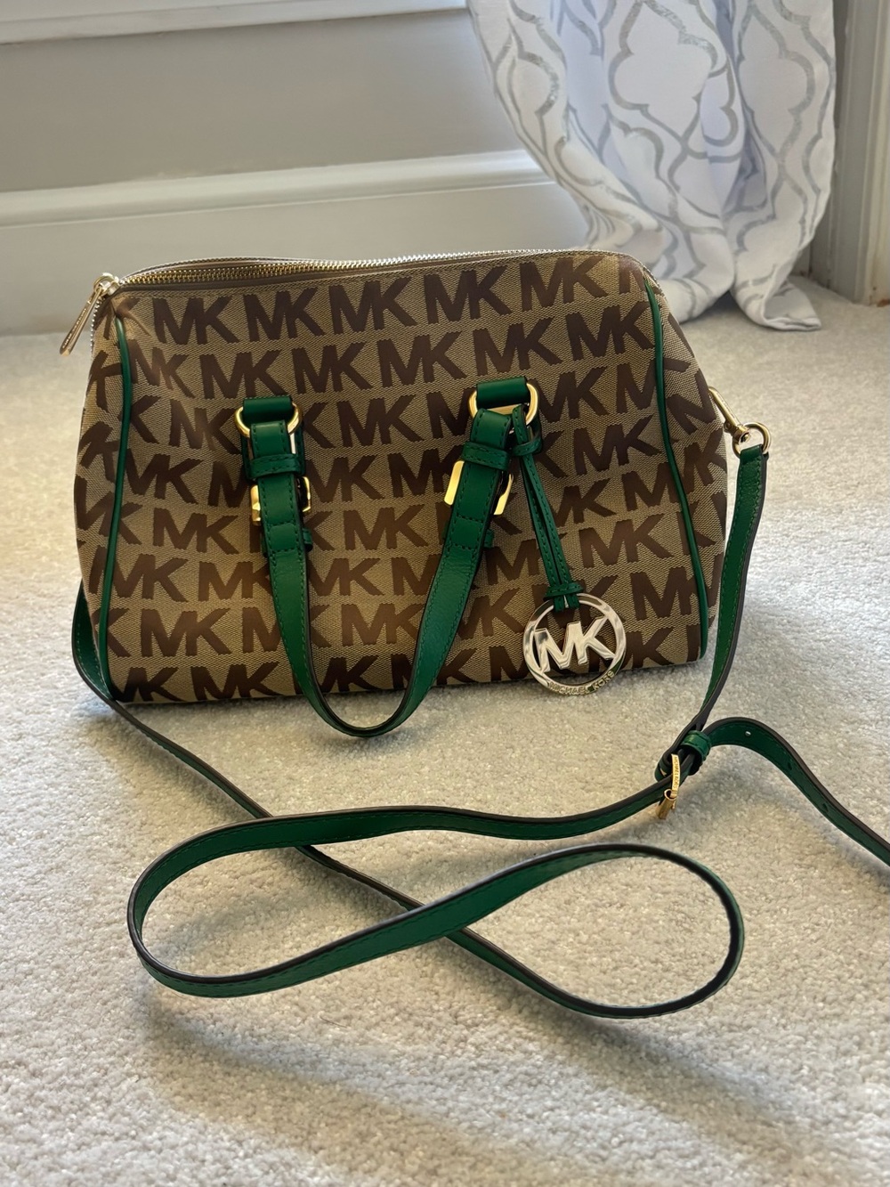 Michael Kors Brown Logo Satchel with Green Leather Trim and Gold Accents